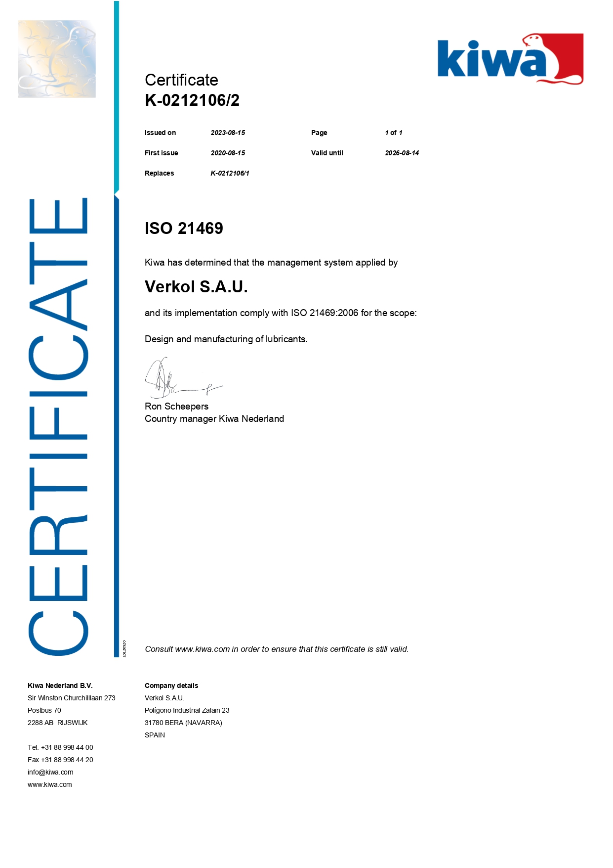 Certificate ISO 21469